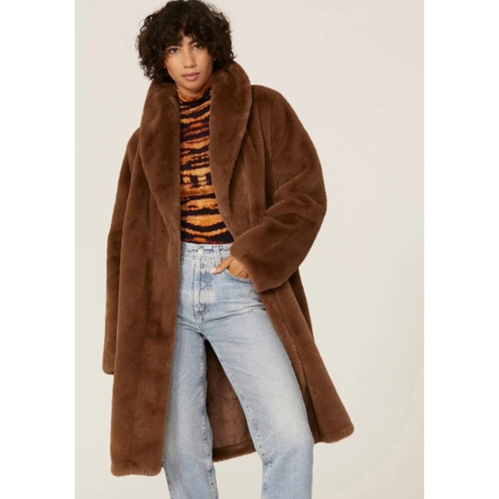 Revolve Apparis Bree Faux Fur Brown Wrap Coat Long Winter Jacket size XL
